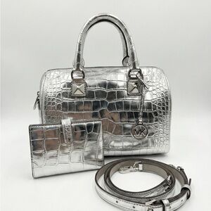 Michael Kors Silver Croc-Embossed Satchel Set
